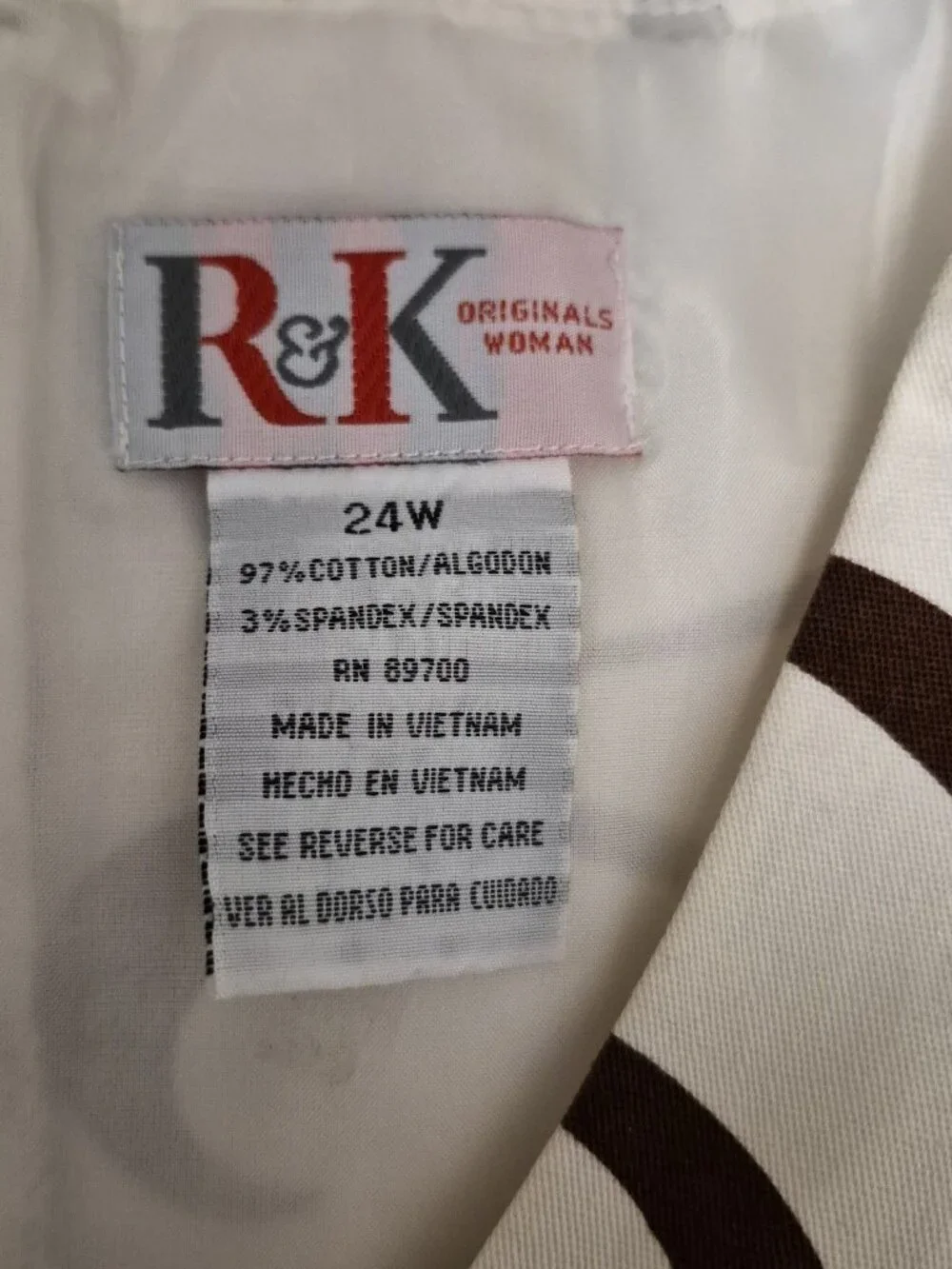 R &K Originals Dress Plus Size 24 Sleeveless Ribbon Belt Cream Brown Geometric